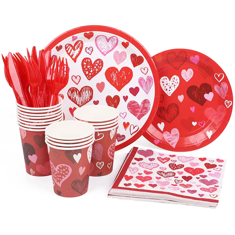 

Valentine's Day Disposable Tableware Set Paper Plates Cups Napkins Tablecloth Love Heart Tableware Wedding Birthday Party Decor