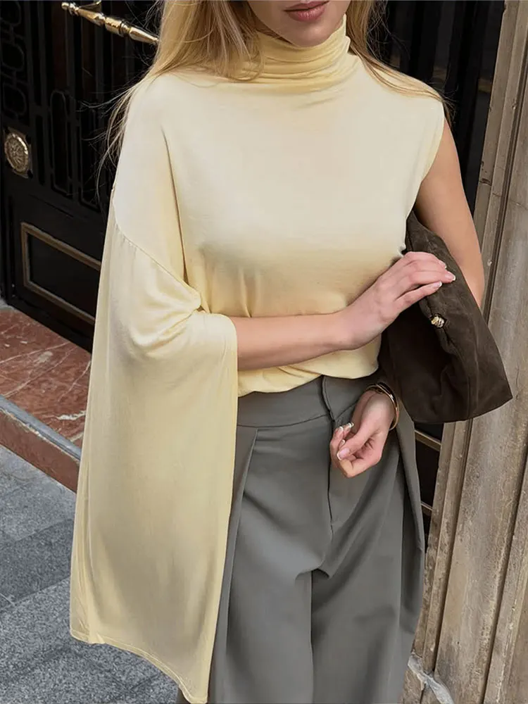 

Женская элегантная желтая асимметричная блузка с воротником-стойкой на одно плечо, с длинным рукавом, летняя модная уличная одежда, шикарный топ для женщин