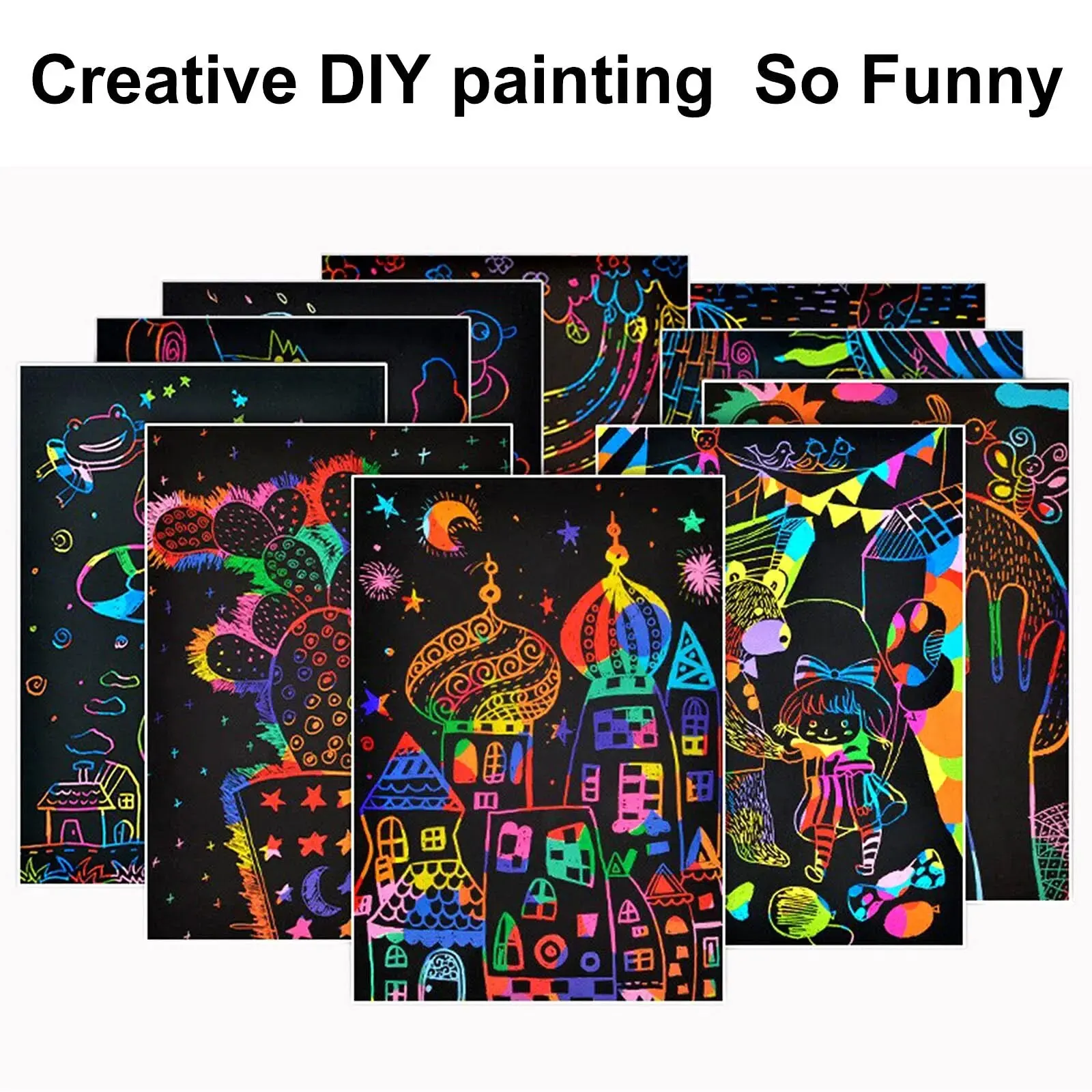 2 Pack Rainbow Scratch Paper Children's Art Book Black DIY Rainbow Art Paper Card Neon Scratch Book with Wood Stick