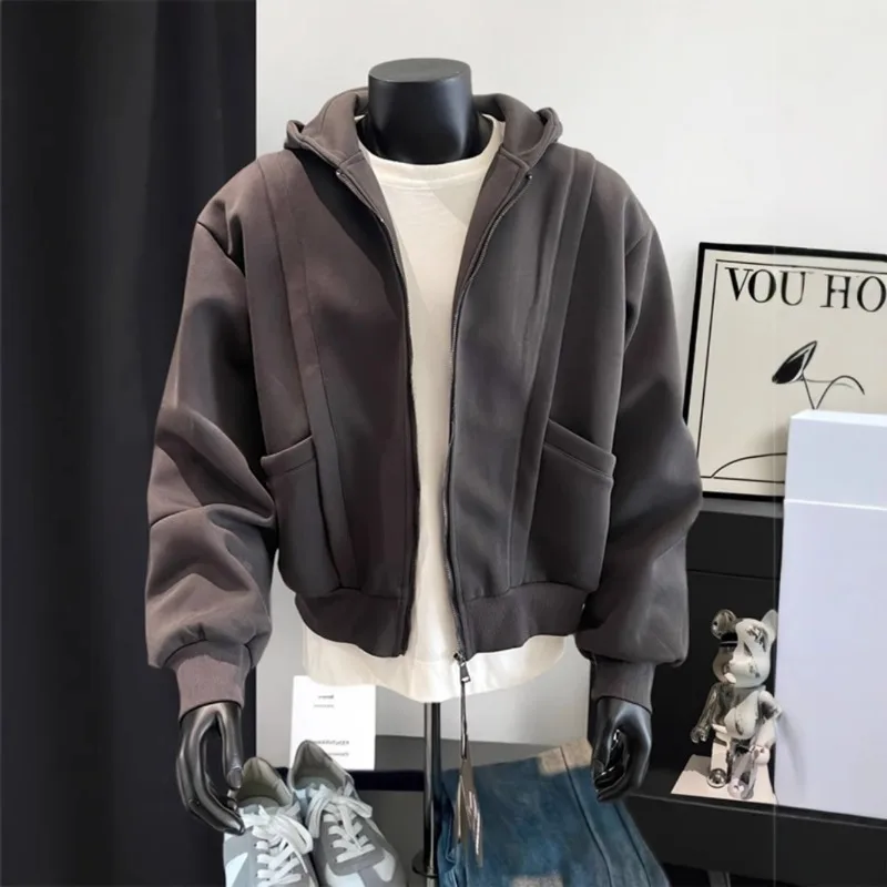 A Grey Short Hoodie Men's Autumn and Winter Heavyweight Tough American-style Zipper Jacket Pieced Together Hoodie Casual Fashion