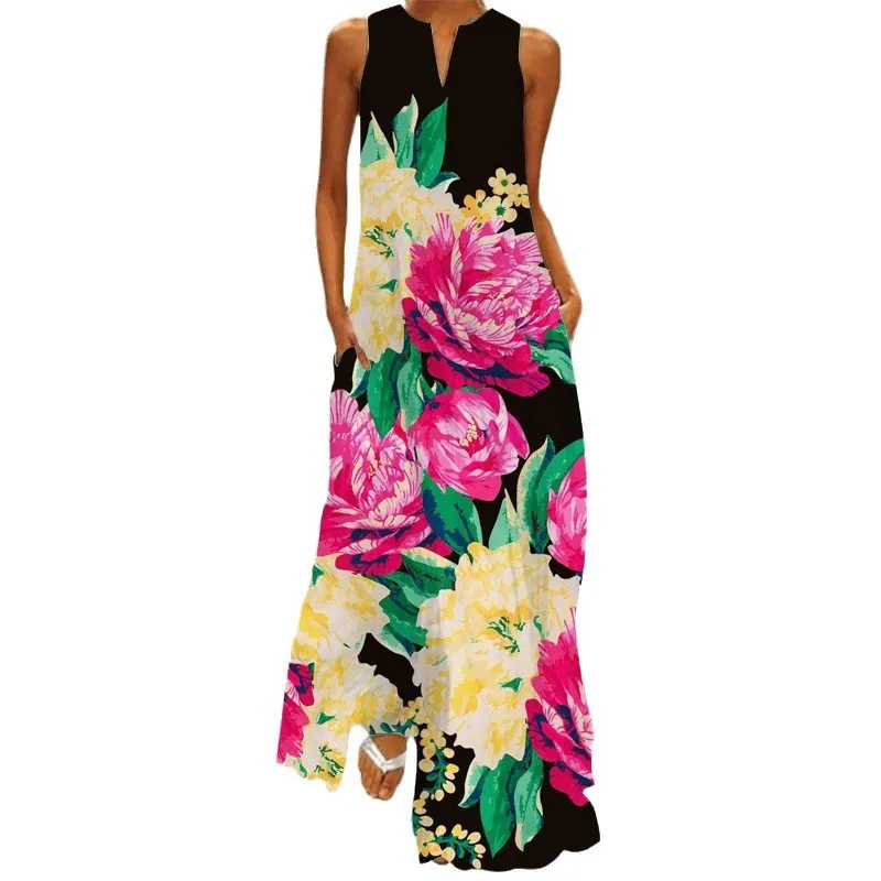 Vrouwen Print Jurken V-hals Mouwloos Gesplitste Zakken Vloerlengte Jurk Een Lijn Dame Casual Vestidos Maxi Strand Zomer 2025,