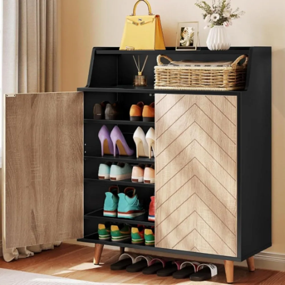 

Shoe Cabinet with Doors, 5-Tier Shoe Storage Cabinet with Open Shelves, Large Capacity Wooden Shoes Rack Organizer with Pine Wo