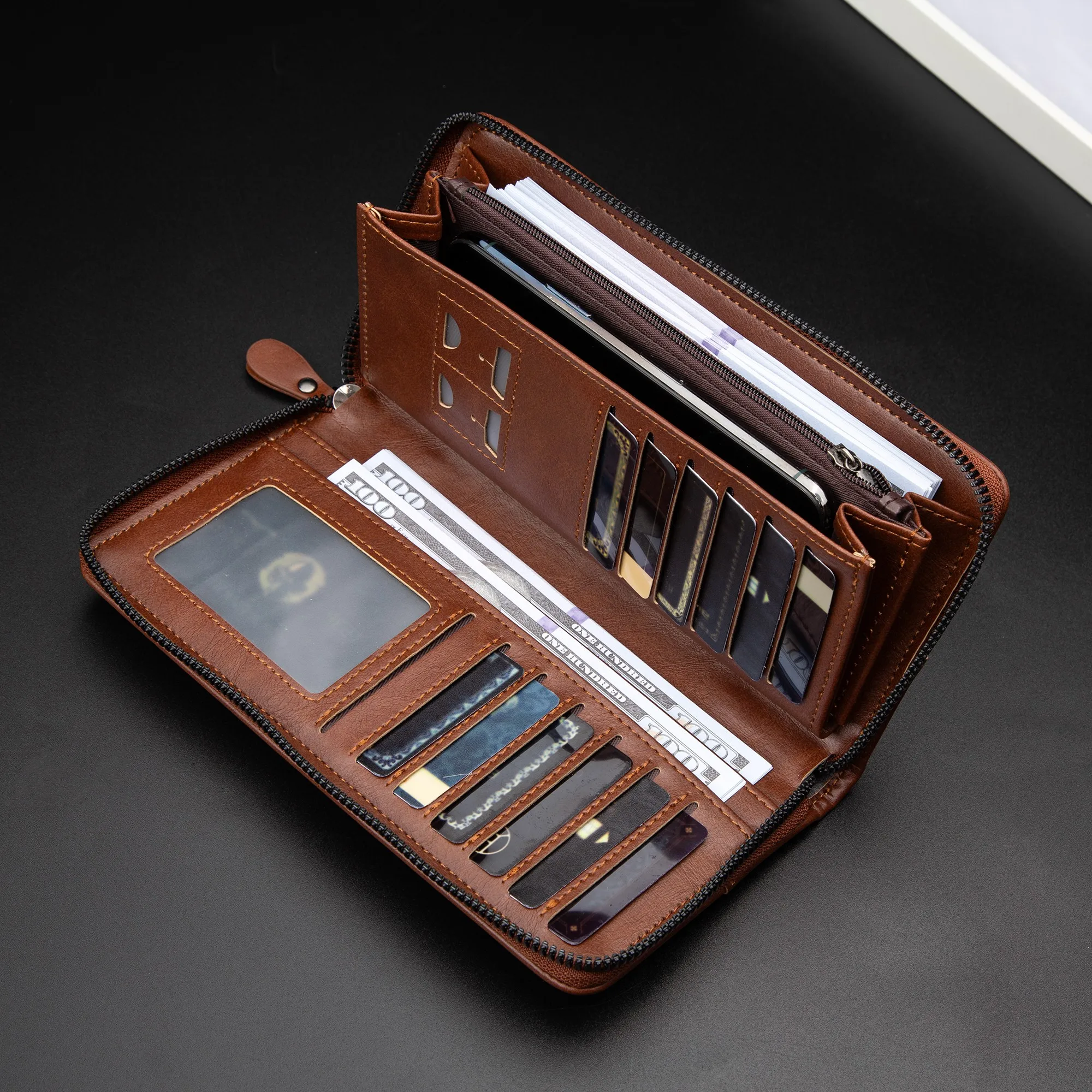 Portafoglio da uomo con cerniera lunga Portafoglio in pelle PU di alta qualità per uomo Blocco RFID Pochette da lavoro Porta carte di credito Borsa da uomo