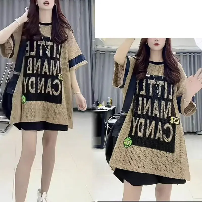 Casual Korean Letter Printed Midi T-shirt Women\'s Clothing Round Neck Fashion Spliced Basic Summer Streetwear Loose Pullovers