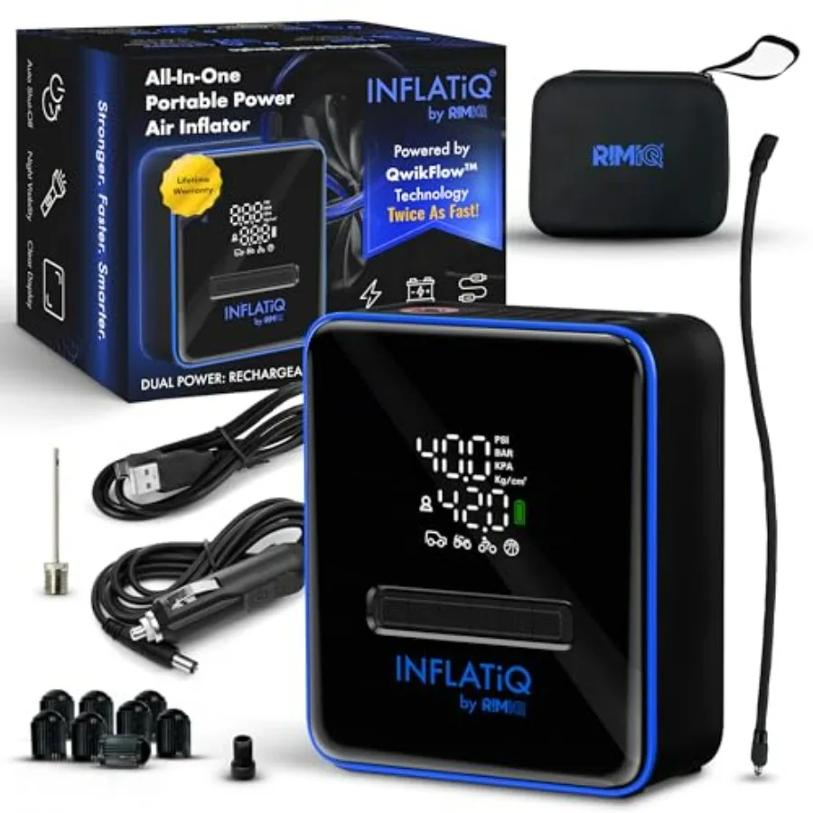 

INFLATiQ by RIMiQ Tire Inflator Blue - Powerful Award-Winning QWIKFLOW Technology with 2 Portable Power Options Included - Stro