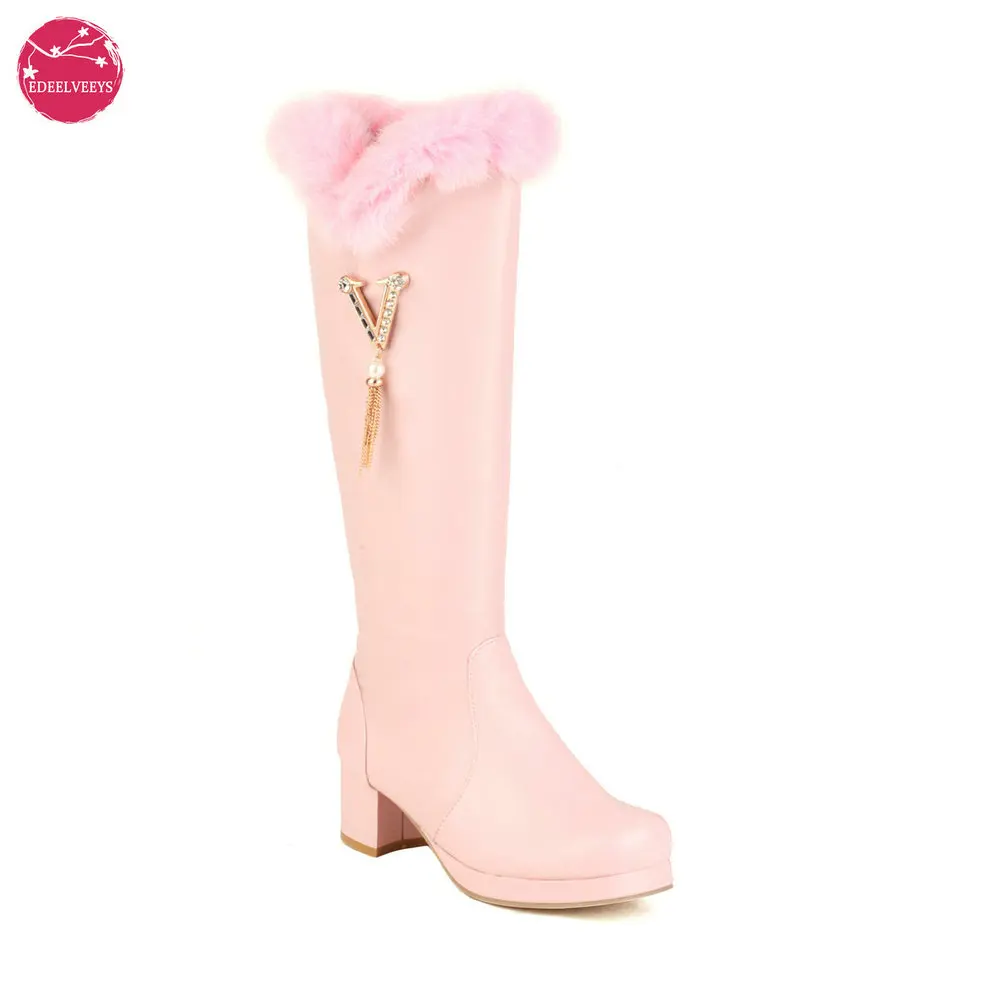 

Winter Warm Fur Women's Knee High Boots Sweet Lolita Shoes Round Toe Chunky Heel Side Zipper Rhinestone Chain Tassel Cosplay