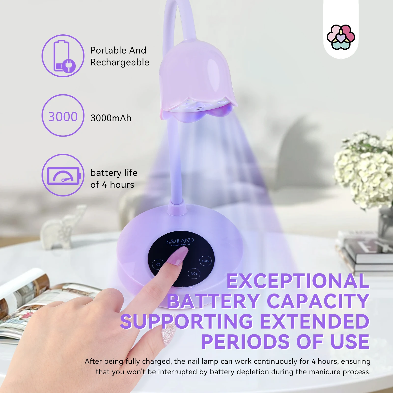 Lampa do paznokci żelowych SAVILAND 30W Intellisense, bezprzewodowa, ładowalna, światło UV LED z giętką szyjką do szybkiego utwardzania, do użytku domowego i salonu.