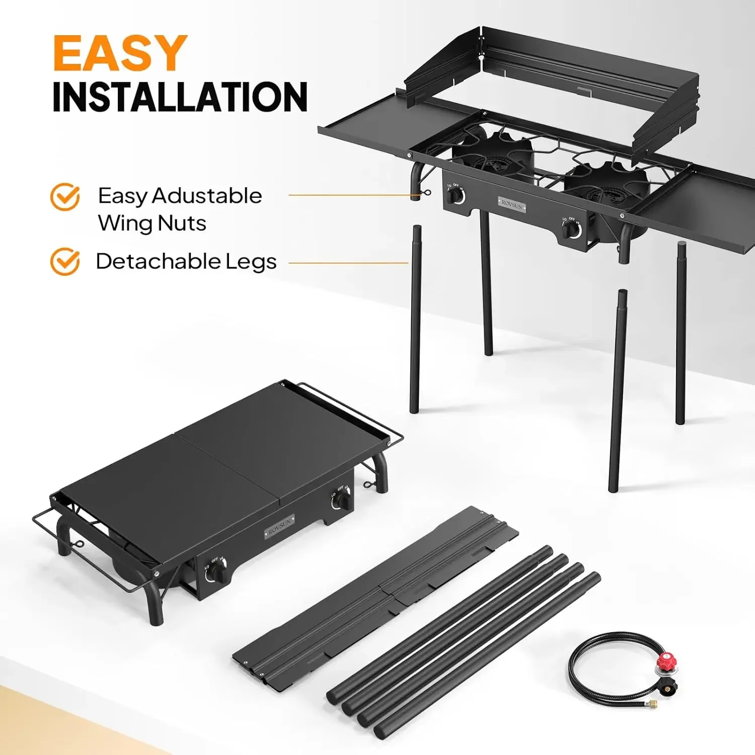 2 Burner Gas Stove with Side Shelves, 150,000 BTU Portable Propane Stove with Removable Legs, Wind Panels & Regulator for Campin