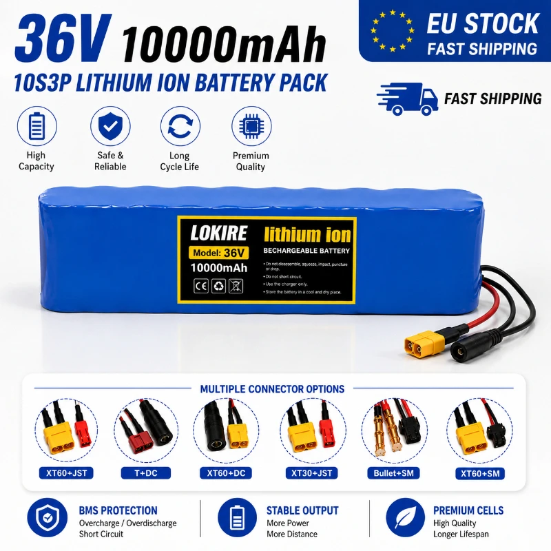 36V 10000mAh 10S3P 18650 Li-Ionen-Akku-Pack, wiederaufladbarer Akku für Elektroroller, E-Bike, Fahrrad, 1000W Motorsteuerung, intelligenter BMS-Schutz, sicher, langlebig, lange Lebensdauer,