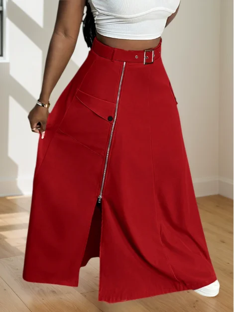 

Skirt for Women 2025 Spring Autumn New Workwear Long Skirt Solid Color Zipper Design High Waist Casual Slit Long Skirt with Belt