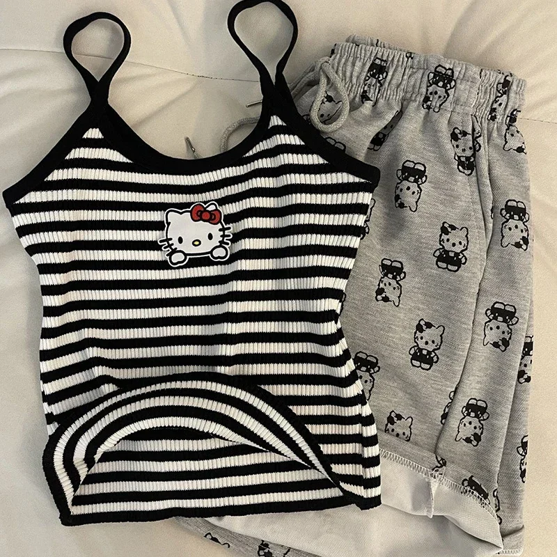 Sanrio Hello Kitty New Kawaii Summer Sweet Spicy Cartoon Print Camisole Pajamas Women Undershirt Shorts Homewear Suit Outside