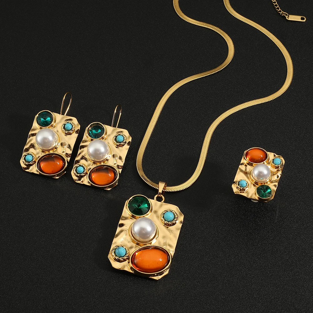 Exquisite Fashion Colored Gemstone Pendant Necklace Earrings Ring 3 Piece Set Classic Banquet Wedding Jewelry Set Birthday Gift