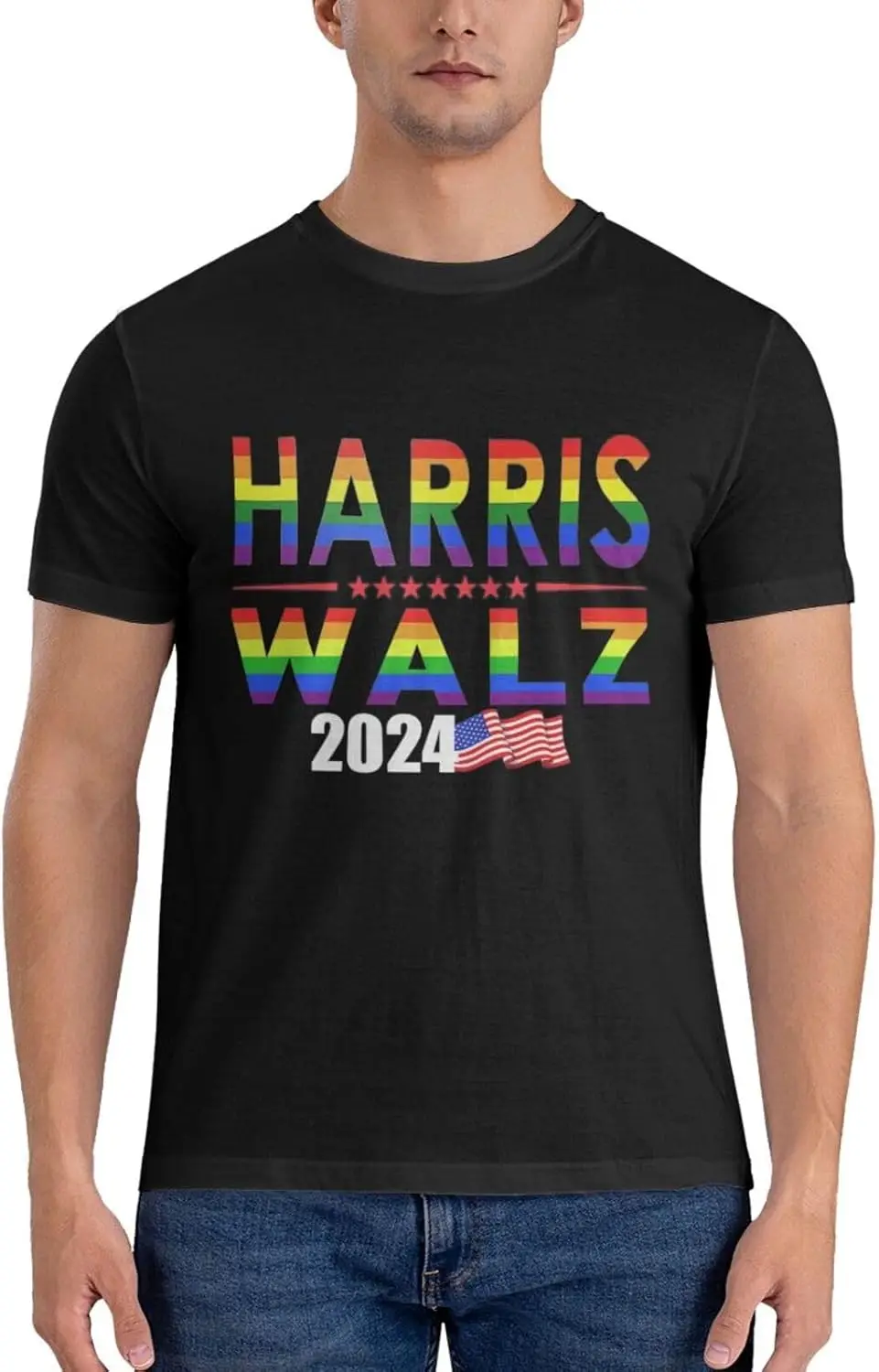 

Fashion style - Harris Walz 2024 President Rainbow Flag Gay Pride LGBT Men's T-Shirt Classic Short Sleeve Tees Cotton Shirt