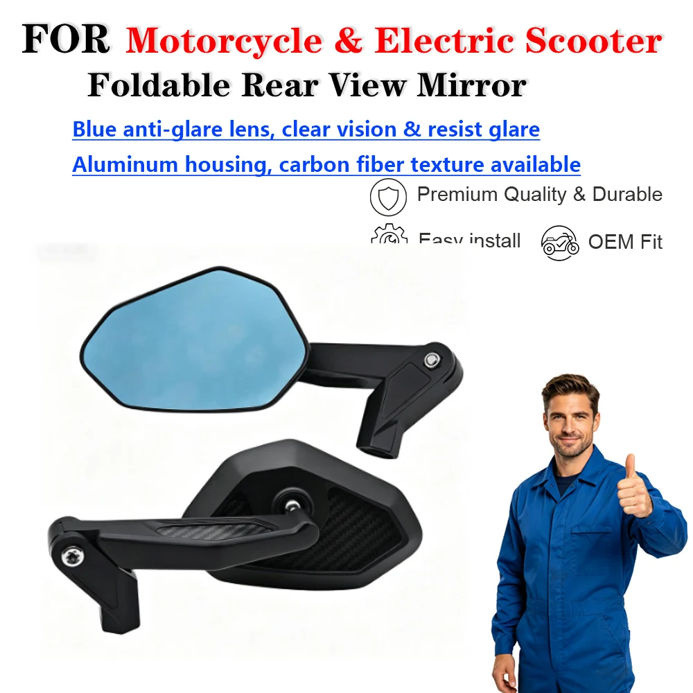 Universal Enlarged Foldable Rearview Mirror Aluminum Carbon Fiber Blue Anti-glare Lens Espejo retrovisor moto