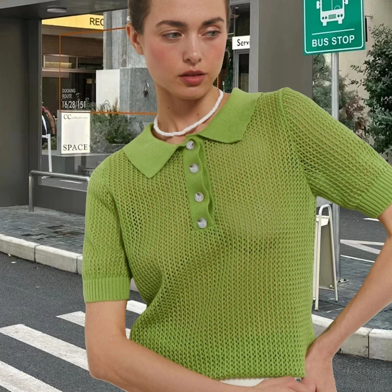 Tornova Casual Knitted Hollow T shirt Female Short Sleeve Pullover Top See Through Lapel Summer Fashion Women's Sweater T shirt - Image 3
