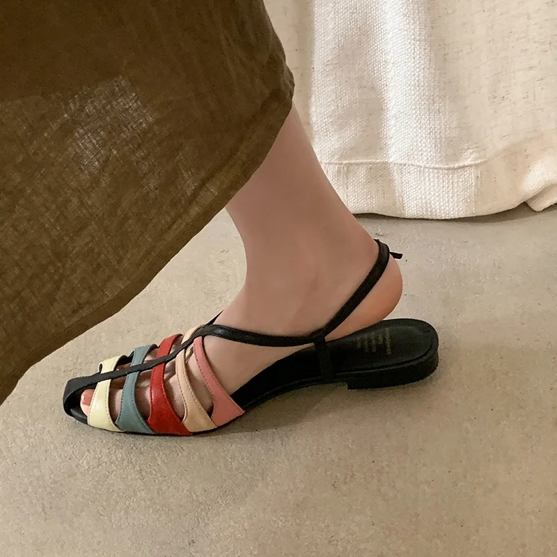 

New Genuine Leather Sandals Women Shoes Mixed Color Low Heel Sandals Summer Fashion Party Dress Buckle Shoes Large Size 34-41