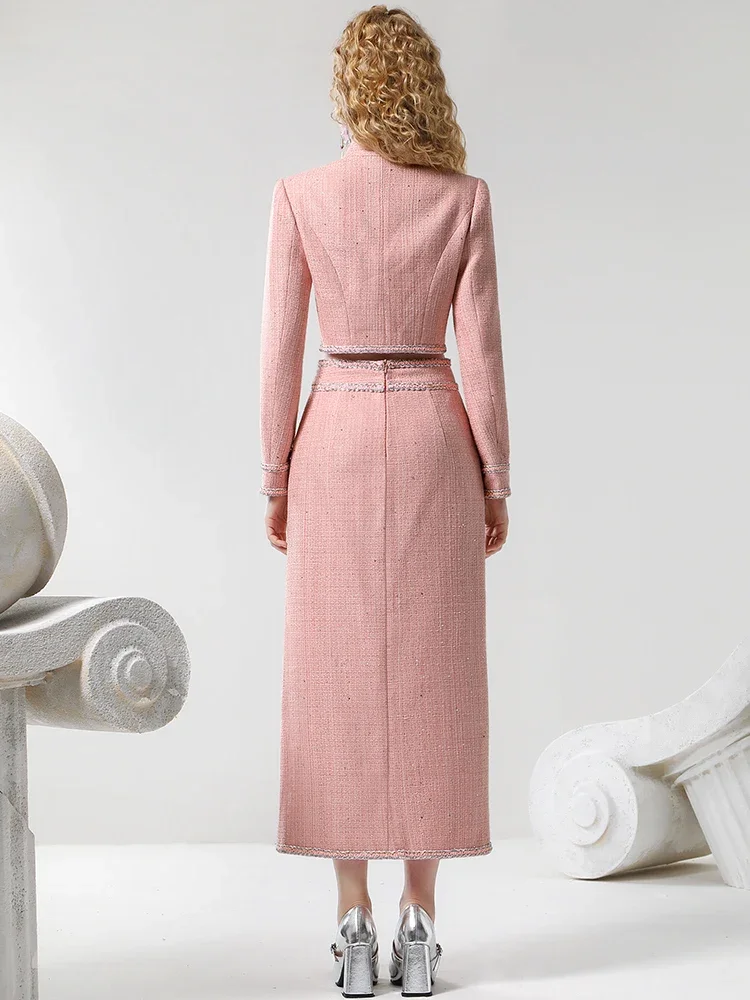 LEOSOXS Elegant Blazer Coat Skirt Set 2024 Autumn and Winter New Pink Bow Jacket Top Long Hip Skirt Two-piece Suit Women Outfit