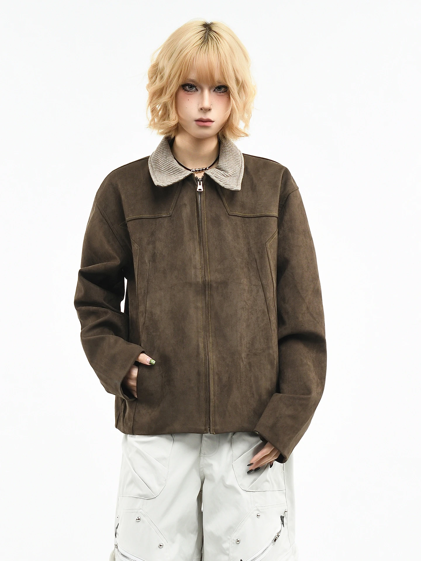 

OV Original American Retro Suede Collar Jacket Loose Short Casual Outerwear for Men And Women Spring Season Stitching Design