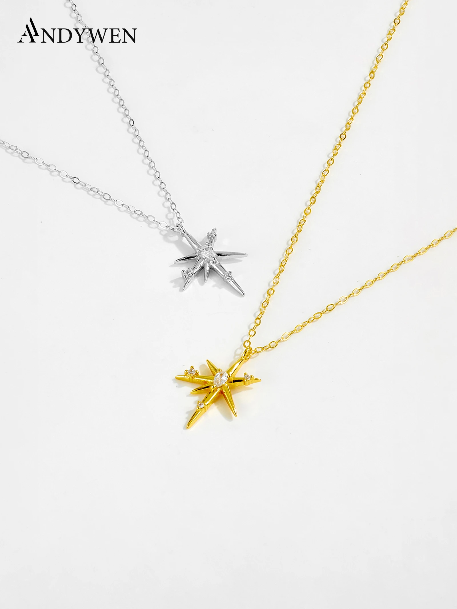 

ANDYWEN 925 Silver Star Burst Necklace, CZ Studded Star Ray Pendant, Mysterious Jewelry Gift Box for Women, Versatile Daily Wear