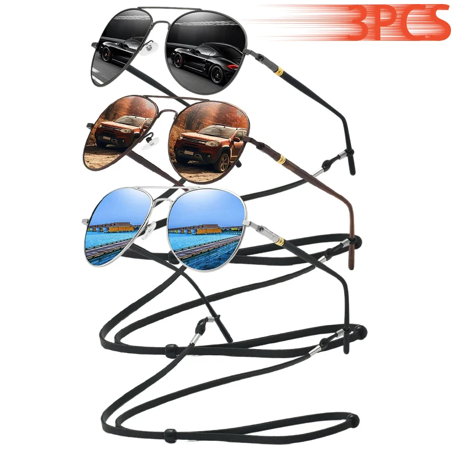 3er-Set Vintage-Sonnenbrillen mit Metallrahmen, Luxus-Designer-Herrenbrillen zum Angeln und Autofahren mit Kette, modisches Accessoire