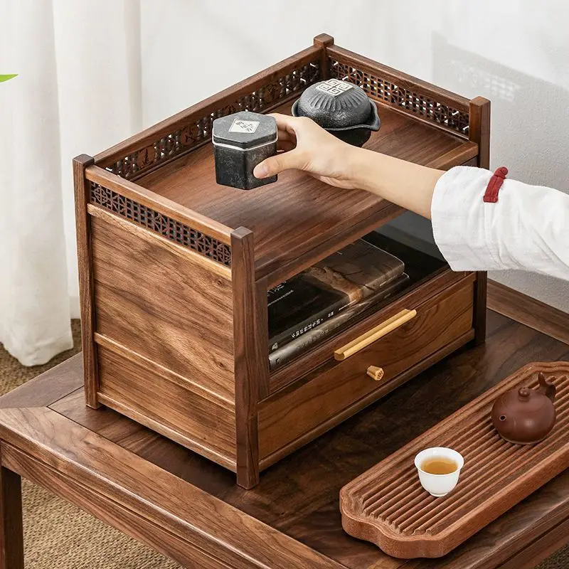 YFY North American Black Walnut Desktop Storage Cabinet Double Solid Wood Bogu Rack  New Chinese Ornament Tea Set Storage