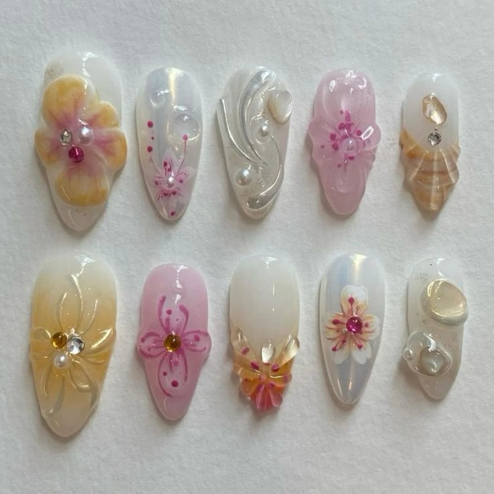 Faux ongles réutilisables en forme d'amande moyenne, manucure artificielle, couverture complète, nail art 3D avec ensemble, fait à la main, nouveau rouge français, N64.