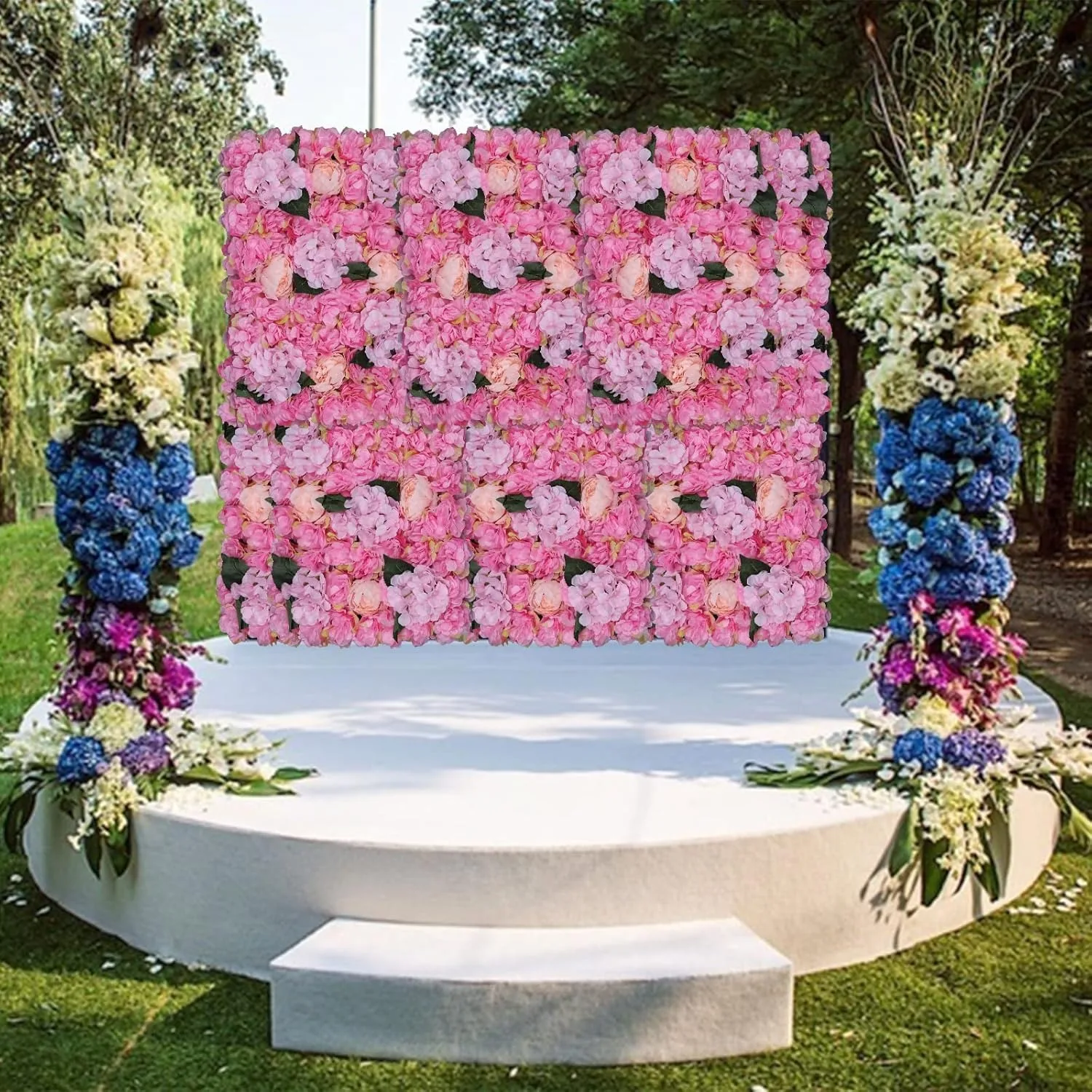 

6 Packs Flower Wall Panels Set, Square Artificial Flower Wall Backdrop Plant Wall Cloth Plastic Wedding Fake Floral Wall Mat for Photo Party Venue Stage Background Decoration Pink+Green