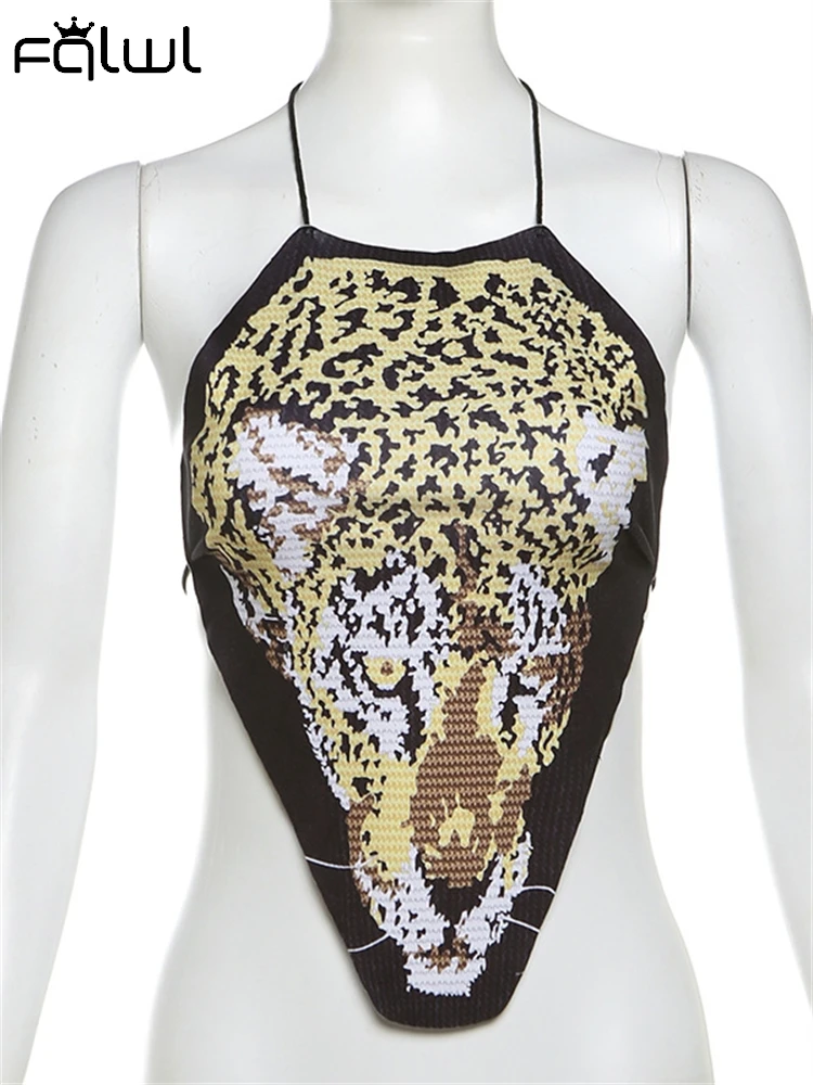 Habbris Summer Leopard Print Tank Top Beach Vacation Clothing Women 2024 Y2k Vintage Backless Crop Tops Graphic Halter Camisole