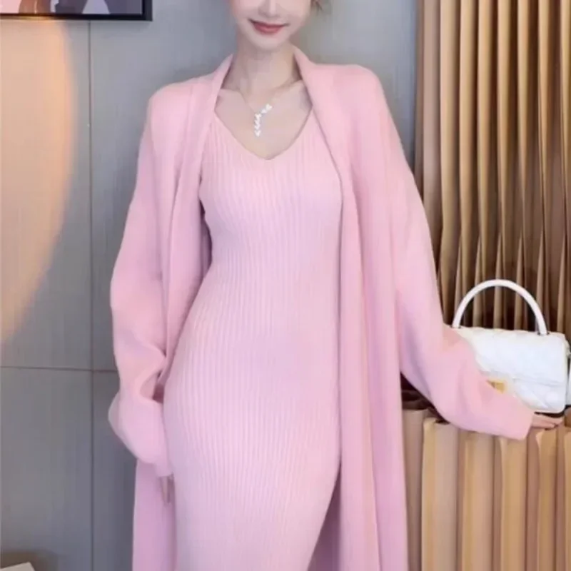 QNPQYX French Women Cardigan Solid Mid-Length Sweater Cardigan Female Jumpers Utumn Graceful Dress Two-piece Set