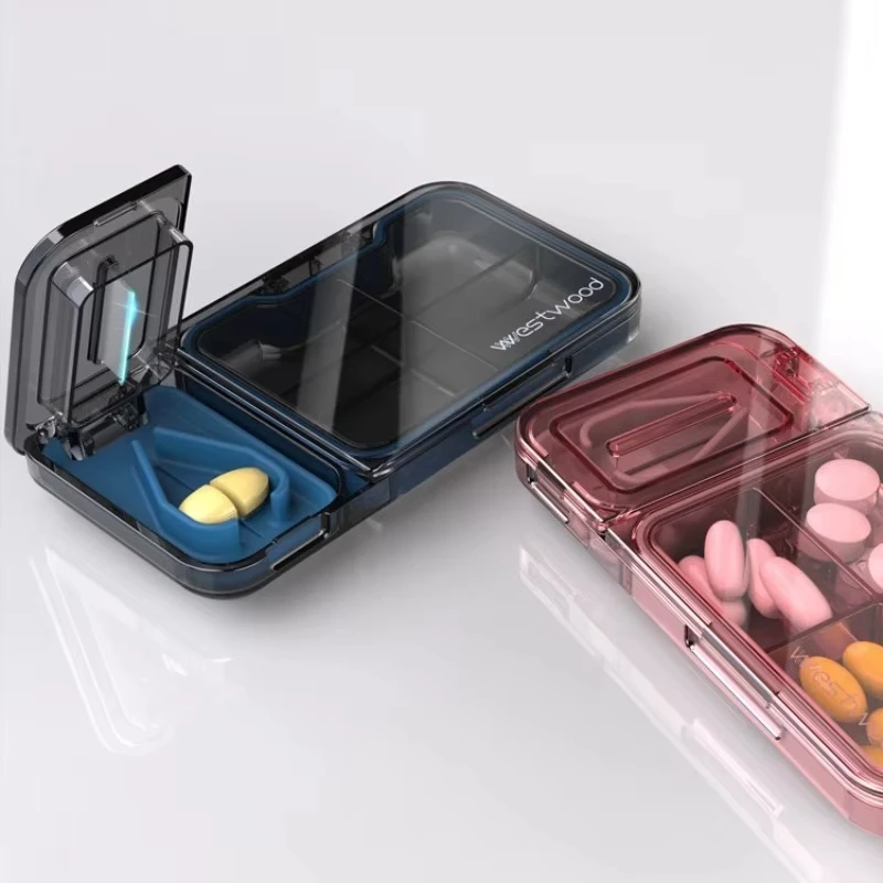 PC Material Medicine Cutter and Medicine Box Two-In-One Easy to Clean Large Capacity Four Compartments for Storing Medicine