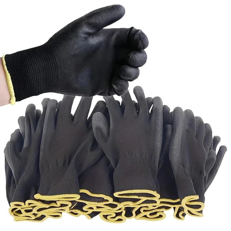 3-10Pairs Black PU Coated Work Gloves Anti-Slip Breathable Nylon Safety Gloves for Warehouse Machinery Construction Repair