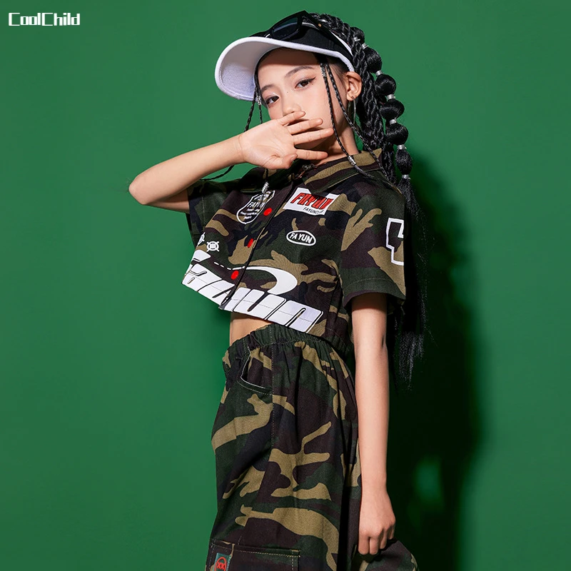 Hip Hop Girls Crop Short Sleeved Jacket Street Dance Camouflage Pants Child Military Streetwear Joggers Kids Jazz Clothes Sets