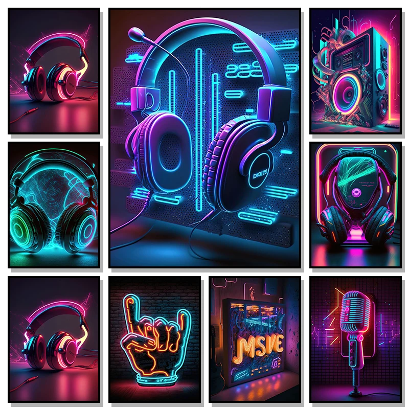 Pop 80S Live Music Neon Punk Poster Aesthetics Dj Guitar Karaoke Headphones Canvas Painting Wall Art Home Room Decor No Light