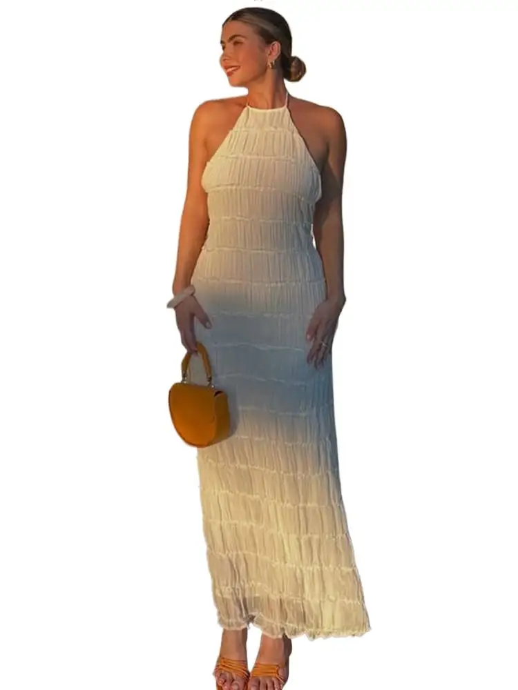 

2025 New Fashion Sexy Backless Ruffle Dress Women Summer Elegant Solid Color Pleated Halterneck Dress Dresses For Women