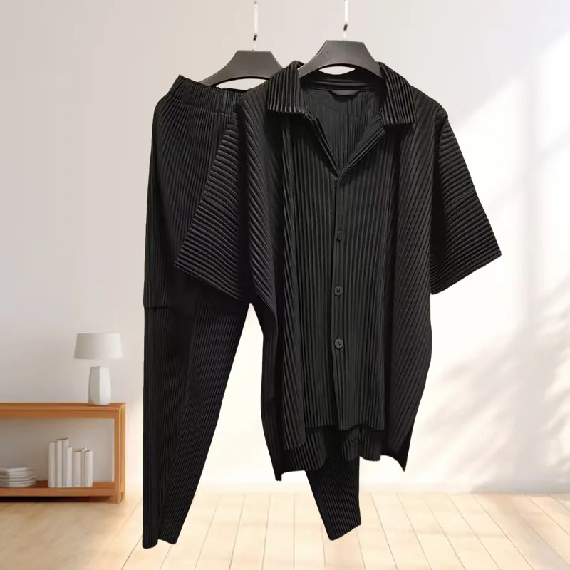 Miyake Work Pants Pleated Men's Black Nine Pants Casual Loose Japanese Simple Large Size T-shirt Top Cardigan Office Work Set