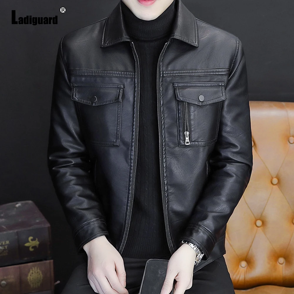 

Ladiguard Pu Leather Jackets Men Casual Street Jacket Winter Velvet Coats 2023 Stylish simplicity Fashion Zipper Pockets Outwear