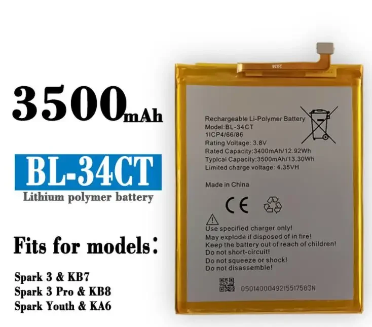 for Voice Transmission Tecno Kb7 Spark Kb8 Kb7j Ka6 Mobile Phone BL-34CT Built-in Battery Battery