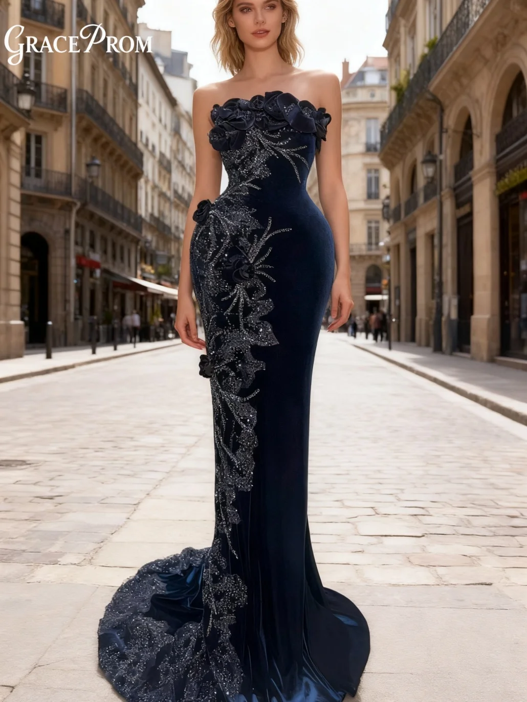 

GraceProm 3D Floral Evening Dress Exquisite Velvet Beaded Red Carpet Gown Elegant Sleeveless Floor-Length Party Gown Customized