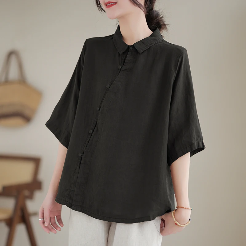 Or Sve irt – haut boutonné Vintage pour femmes d'âge moyen, décontracté, en coton et lin, vêtements de thé amples, nouvelle collection été