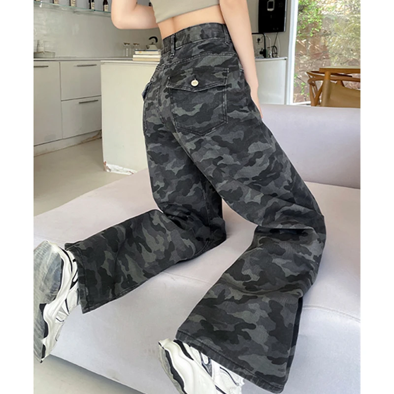 

Женские камуфляжные уличные джинсы с высокой талией, прямые повседневные джинсовые брюки Harajuku Y2K, американские винтажные широкие брюки