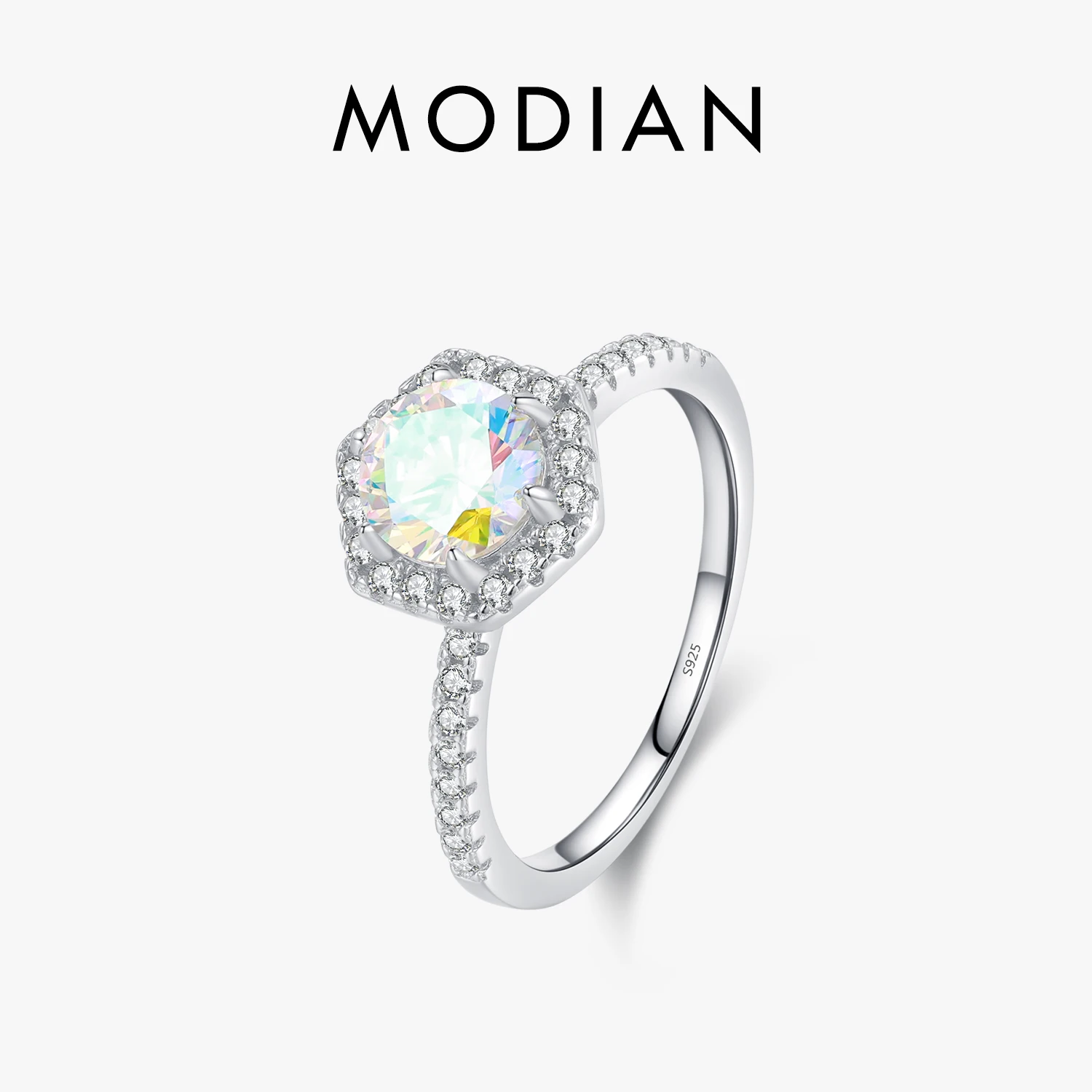 MODIAN 925 Sterling Silver Colorful Round CZ Ring Platinum Plated Hexagon Elegant Wedding Engagement Jewelry For Women Gift