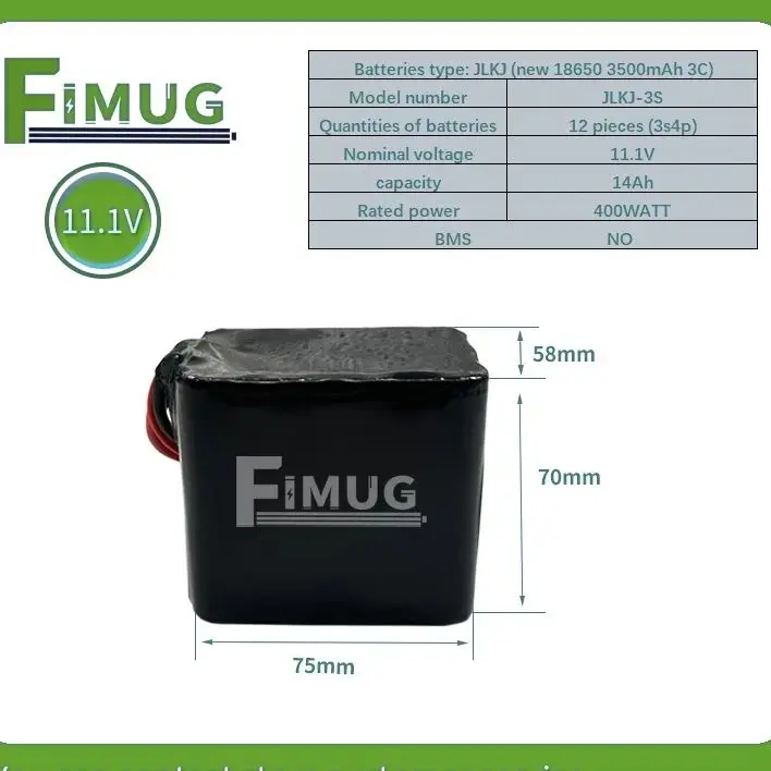

FIMUG 3S4P 14mAh 11.1V 18650 lithium-ion battery pack with 15A BMS 400Watt, suitable for bait boats, toys, drones, etc