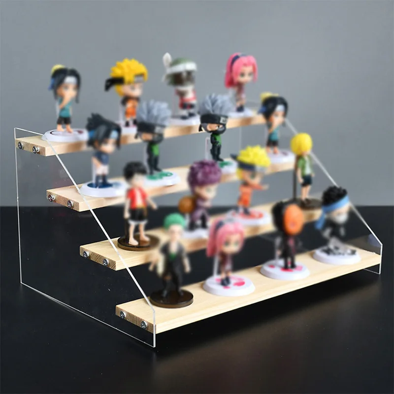 3-5 Tier Transparent Acrylic Base Solid Wood Display Stand Stepped Toys Models Cosmetics Skin Care Products Display Stand