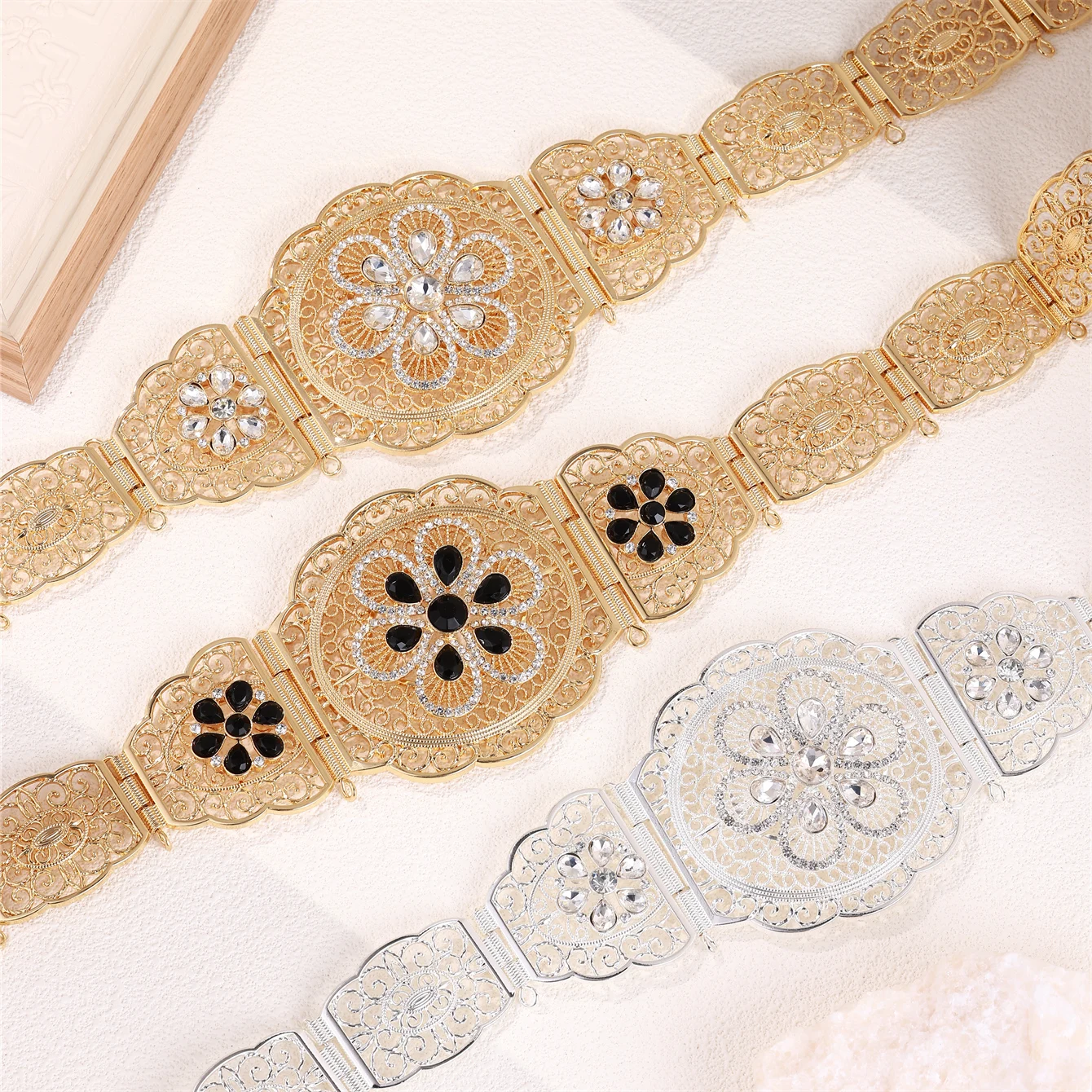 

Moroccan Delicate Kaftan Belt Drops Floral Design Rhinestone Embellishments Arabian Luxury Bridal Waist Chain