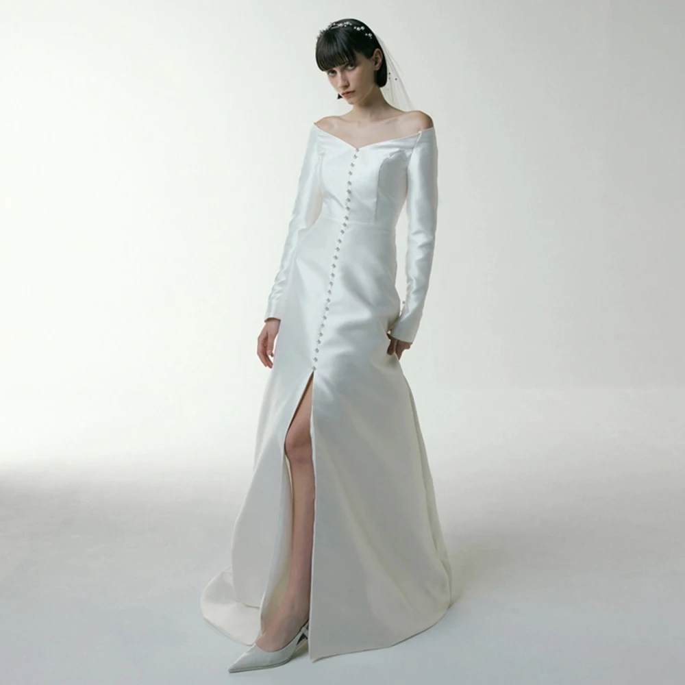 

Boat Neck Elegant Wedding Dress Long Sleeves High Split Satin Bridal Gown Lace Up Back Simple A Line Sweep Train Robe De Mariée