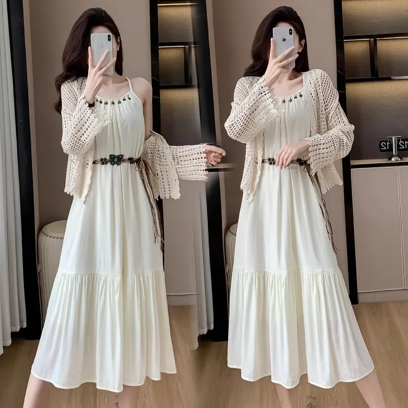 

Fashion Suit Temperament Waist Cinching Suspender Dress Women's Summer Knitted Hollow Cardigan Top Two-piece Set