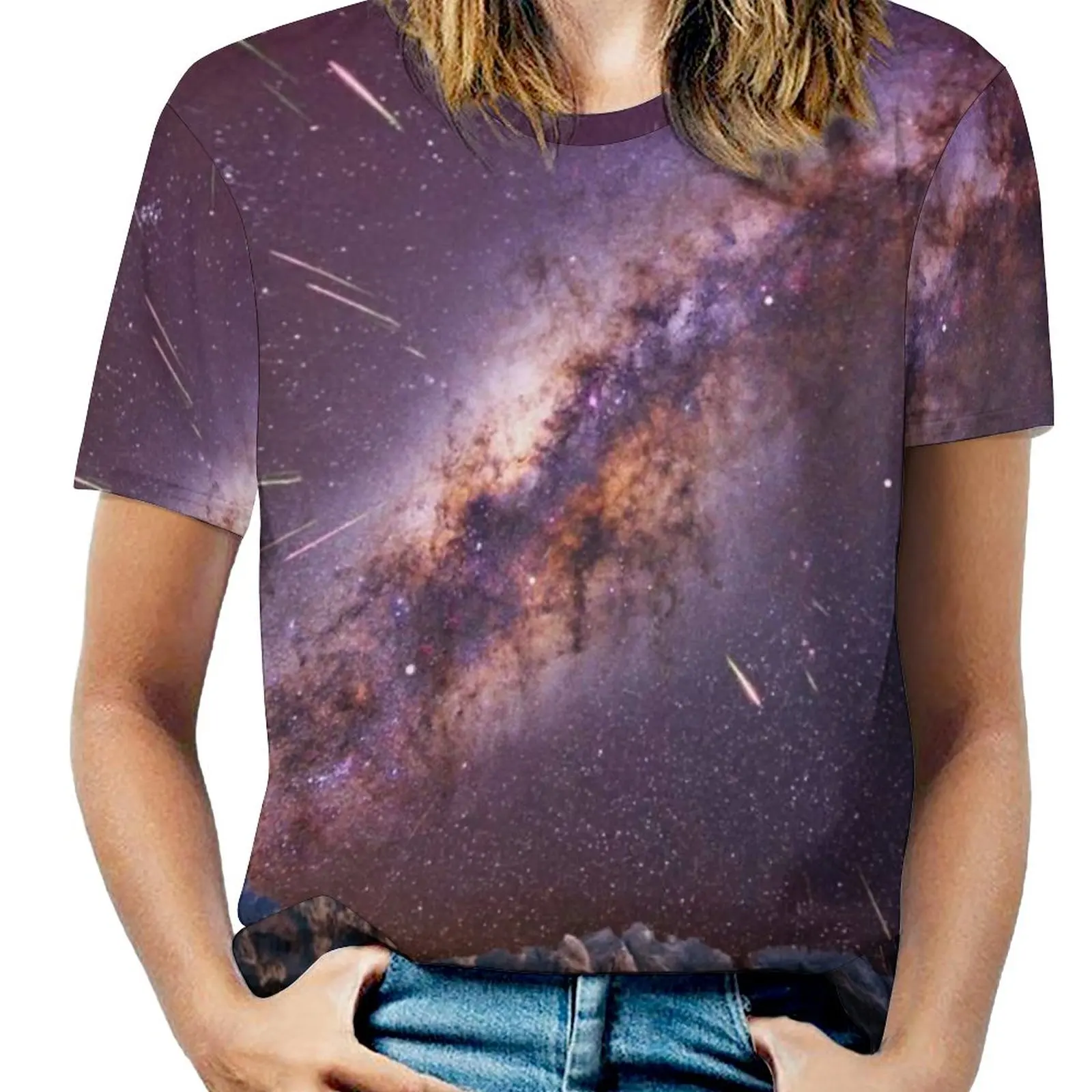 Kaboom Woman'S T-Shirt Spring And Summer Printed T Shirts Crew Neck Pullover Top Milky Way Perseids Shooting Stars Mountain