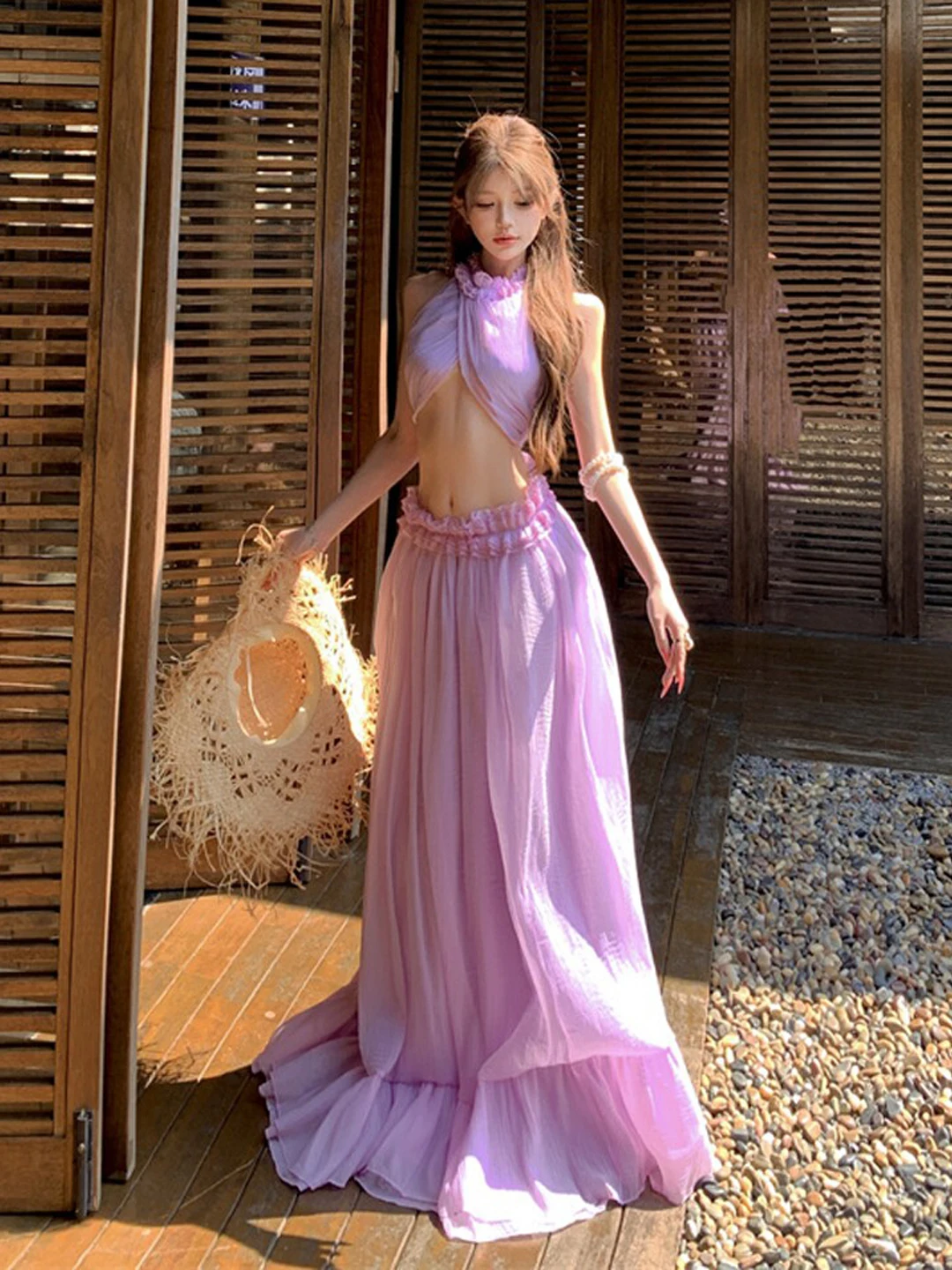 

Beach Vacation Style Halter Top Skirt Set Youthful Summer Outfit Short Sleeve Comfortable Cotton High Waist Flattering