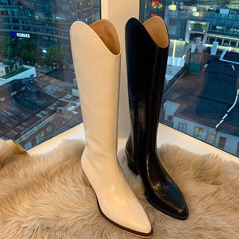 

British Style Vintage Chelsea Boots Pointed Toe Chunky Heel Long Botas Femininas Autumn Winter Fleece Knee Botines Women Shoes