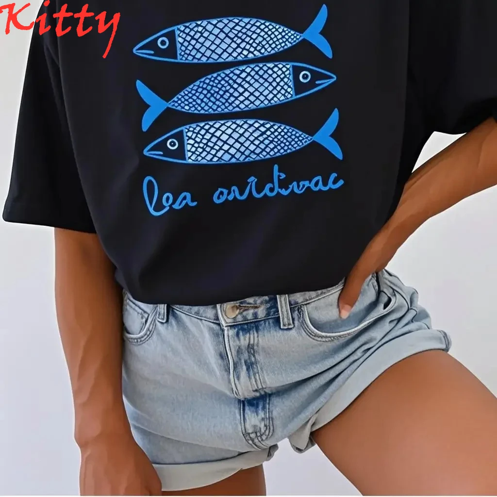 Camiseta de mujer con estampado de sardinas, camiseta informal con diseño de pescado enlatado, camiseta de verano costera con diseño de tomate, camiseta de moda para mujer, ropa informal para mujer